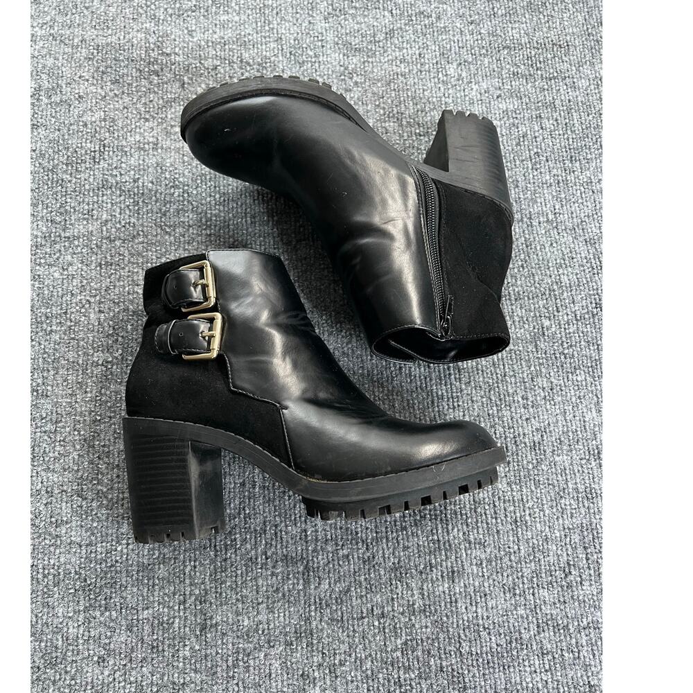 Zara Black Faux Leather & Suede  Chunky Heeled Buckle Boots Size EU 38 US 7.5